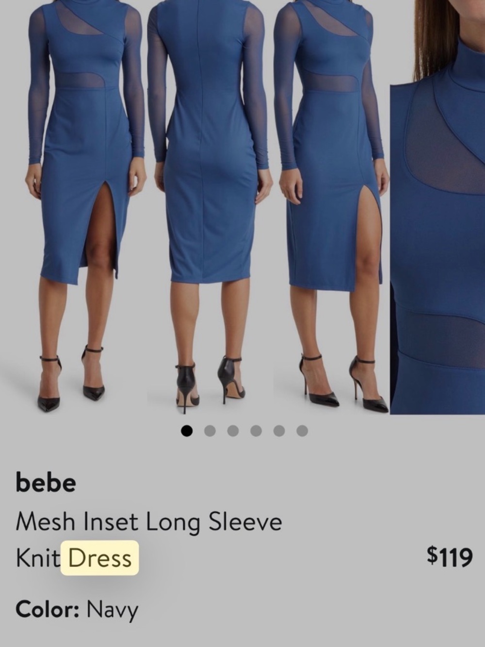 bebe Navy Mesh-Inset Long Sleeve Midi Dress